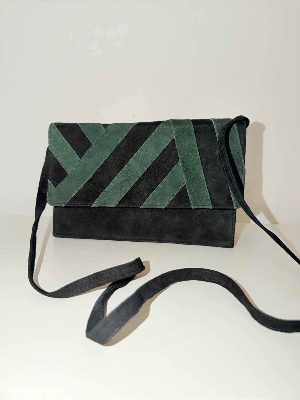 Vintage ADIGE PARIS Black and Dark Green Suede Mini Crossbody Clutch